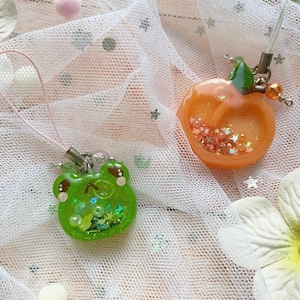 Handpainted Glittery Resin Liquid Shaker Frog and Peach Phone Straps