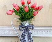 Tulip Pitcher Arrangement-Summer white metal farm Vase-Everyday Front Door Decor-Flower Alternative-Gift shipping