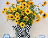 Tall Black-Eyed Susans Metal Planter-Summer Farmhouse Table Decor-Kitchen Rustic Country Shelf Arrangement-Floral Porch Decoration