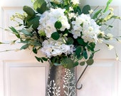 White Hydrangea Wreath-Hanging Metal Pitcher-Farmhouse Summer Bucket Hanger-Floral Door Wall Decor-Arrangement Gift for Mom-Send Ivy Plant
