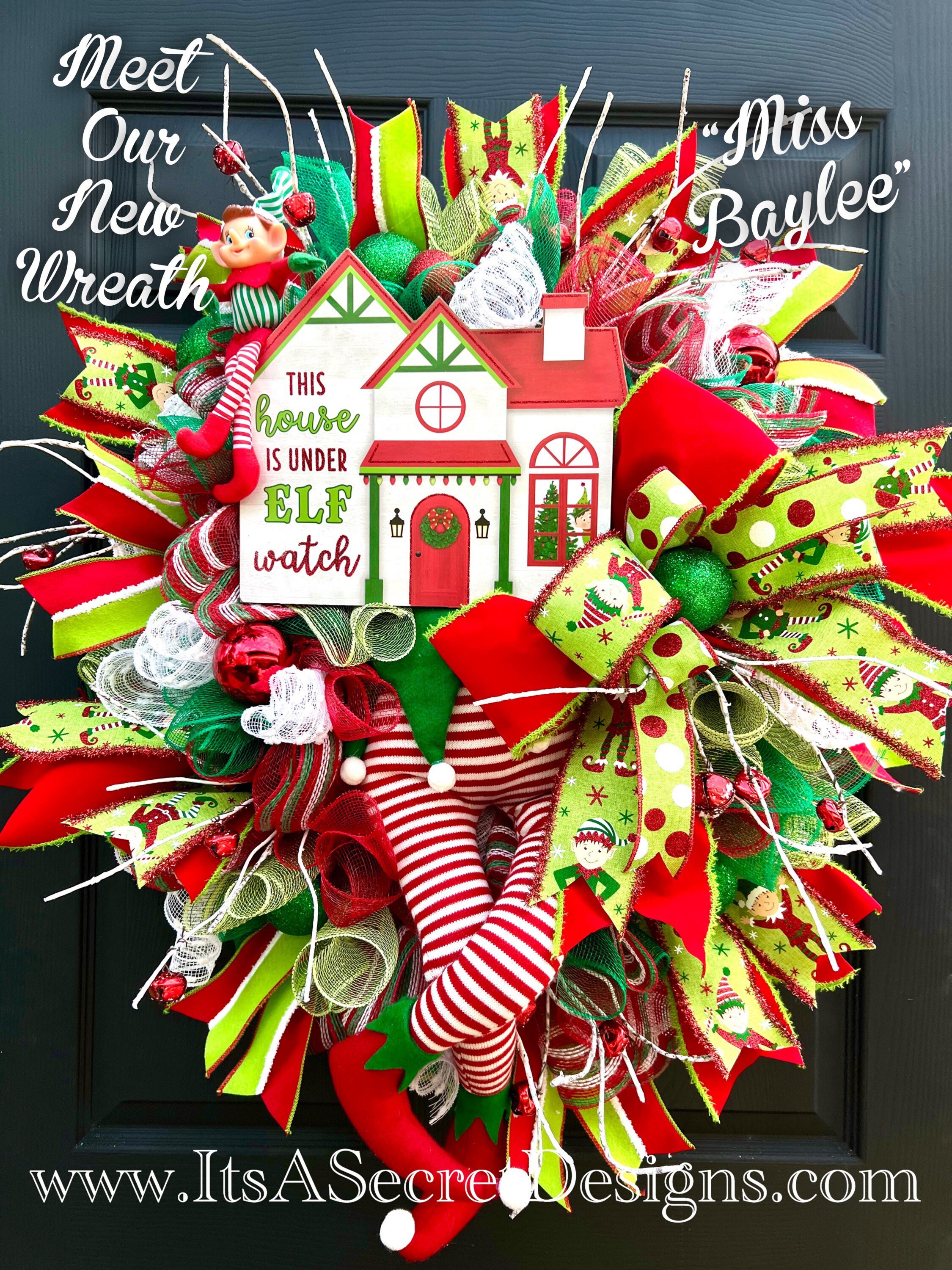MISS BAYLEEElf in house wreathLarge Seasonal door hangerBright Mesh