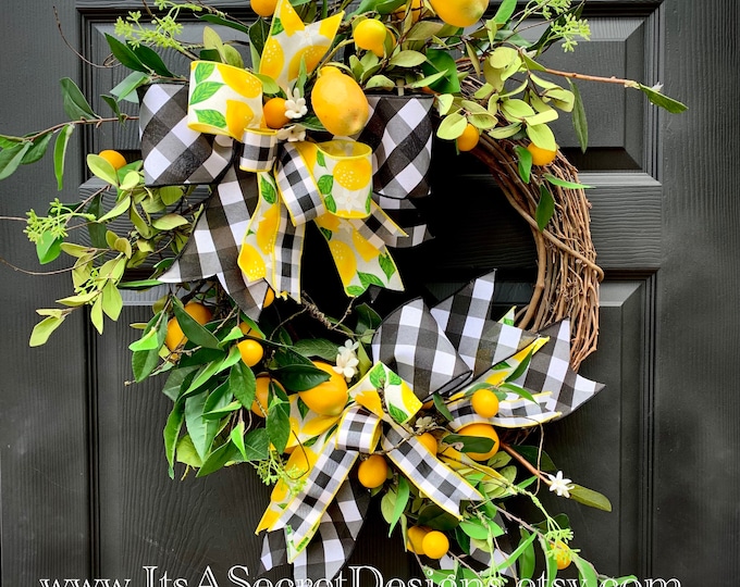 Featured listing image: MISS IVY JEAN-Lemon Kitchen Wreath-Spring Hanging door Decor-Everyday Porch Wreath-Farmhouse Lemon front door hanger-Kitchen Decoration