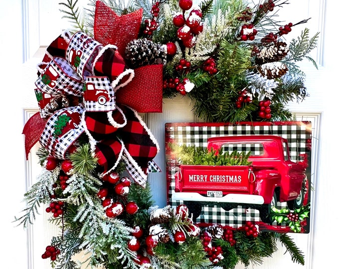 Little Red Truck Christmas Door Decorholiday Xmas Tree Farm Etsy