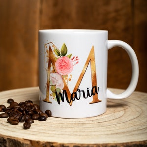 Taza personalizada con nombre café té idea de regalo letras graciosas flor oro