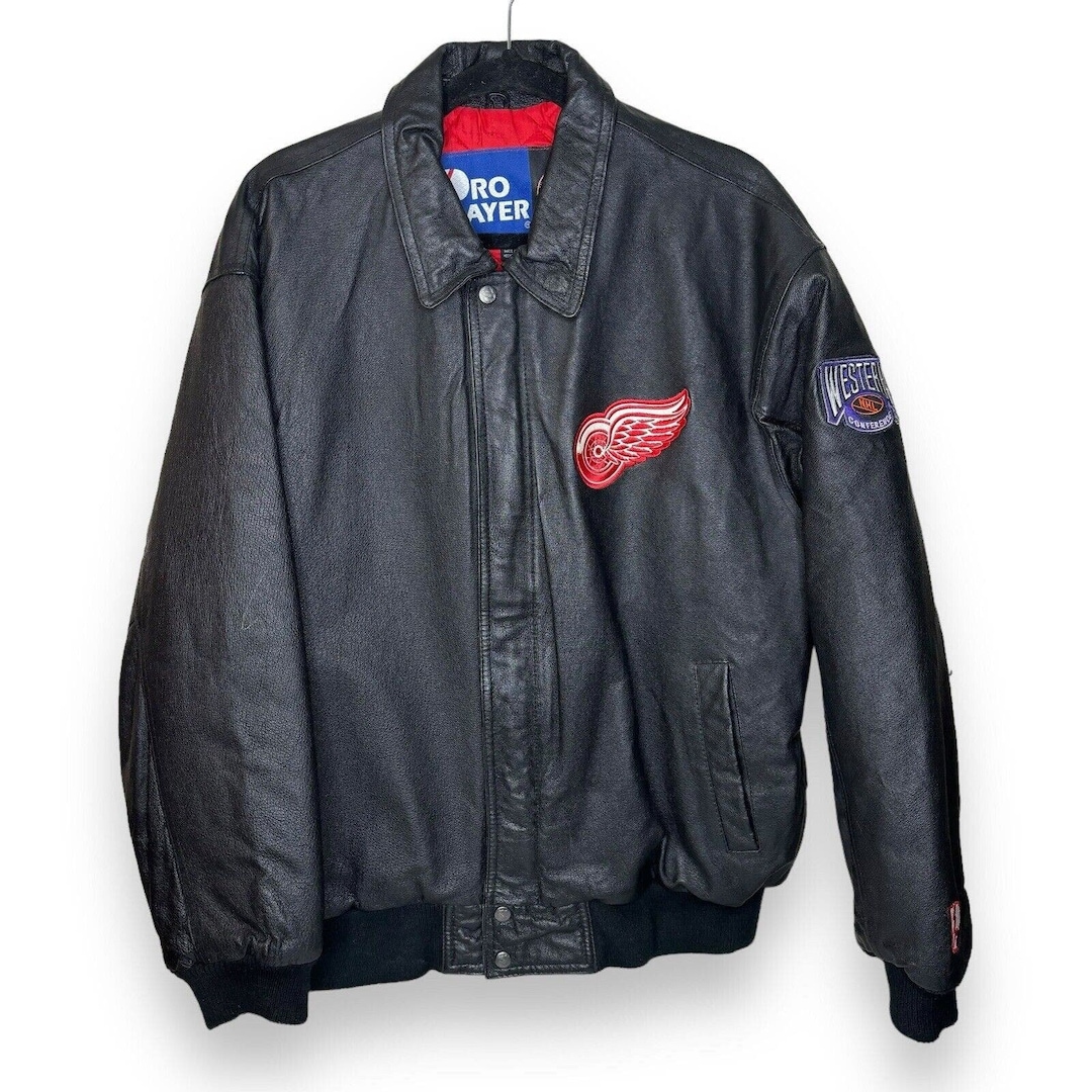 VTG Pro Player Men’s Red Wings Leather Jacket Coat Size Large Black ...