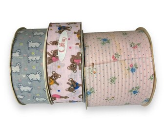 VTG Offray Baby Themed Crafting Ribbon Sheep Floral Teddy Bear Pink Blue Wide