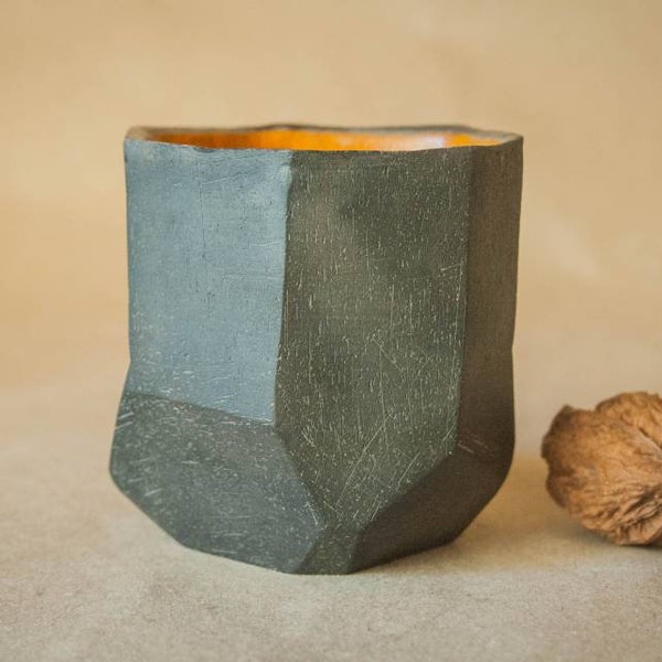 Textured black small tumbler from Ukraine. Ceramic wine goblet. Goth sake cup in lowpoly style with orange glazing - 280ml / 6.5 fl oz.