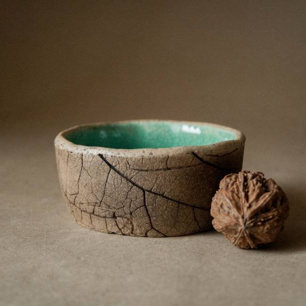 Handmade ceramics small chinese tea bowl with turquoise glazing 120ml / 4 oz Leaf textured earthenware hand thrown yunomi chawan cup