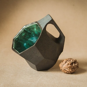 Handmade ceramic coffee mug. Espresso cup, pottery mug in lowpoly style. Black turquoise faceted tea cup, gift for him - 210ml / 7 fl.oz