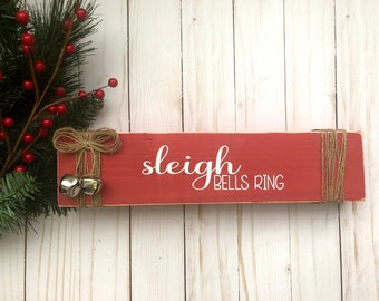 Christmas Shelf Sitter | Sleigh Bells Ring Block | Rustic Holiday Decor | Farmhouse Christmas Decorations | Christmas Wood Decor