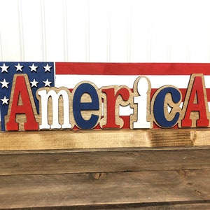 America Wood Sign, Patriotic Shelf Sitter, Fourth Of July Tiered Tray, USA Decorations, Block Sign, 3D Wood Sign, Stars and Stripes