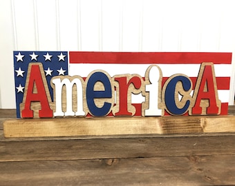 America Wood Sign, Patriotic Shelf Sitter, Fourth Of July Tiered Tray, USA Decorations, Block Sign, 3D Wood Sign, Stars and Stripes