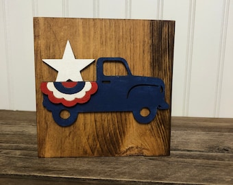 Vintage Truck Decor, Patriotic Shelf Sitter, Fourth Of July Tiered Tray, USA Decorations, Block Sign, 3D Wood Sign