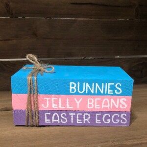 Easter Decor, Wood Book Stack, Faux Book Stack, Rustic Easter Decor, Hand Stamped Books, Farmhouse Decor, Tiered Tray Decoration