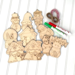 DIY Christmas Ornament Kit, Wooden Coloring Ornaments, Craft Kit for Kids, Holiday Activity Set, Personalized Christmas Decor