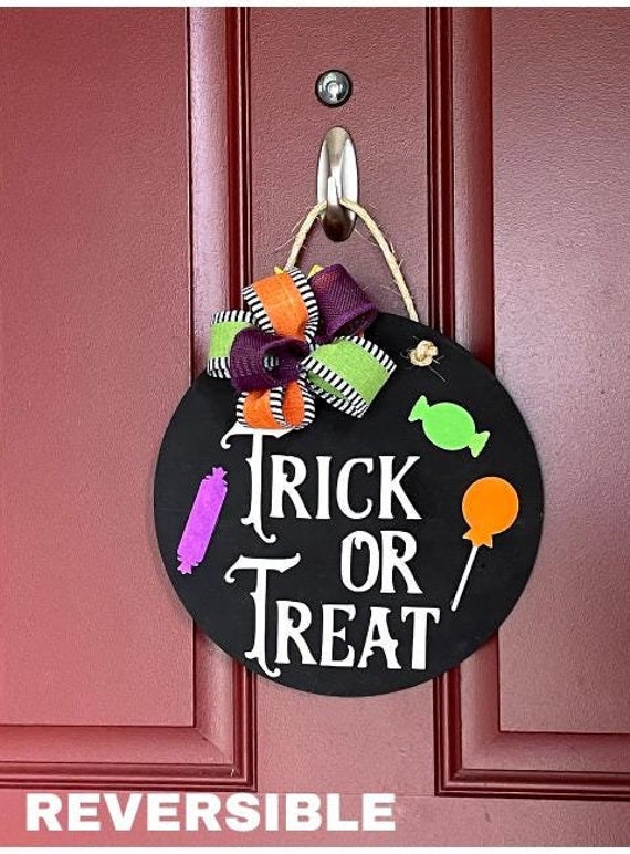 Trick or Treat Sign, Out of Candy Sign, Halloween Front Door Decor, Halloween Door Hanger, 3D Wood Sign, Reversible Door Hanger