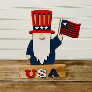 Patriotic Gnome, Patriotic Shelf Sitter, Fourth Of July Tiered Tray, USA Decorations, Block Sign, 3D Wood Sign
