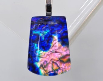 Stylish Blue & Pink Multicolor Dichroic Glass Pendant, Fused Glass Pendant, Fused Glass Necklace, Dichroic Glass Jewelry, Glass Necklace