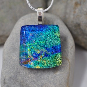 Glitzy Blue Green Dichroic Glass Pendant, Fused Glass Pendant, Double Dichroic Glass, Dichroic Glass, Dichroic Glass Pendant, Fused Glass