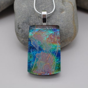 Floral Watercolor Dichroic Glass Pendant,  Fused Glass Pendant, Art Glass Jewelry, Glass Necklace, Unique Designer Jewelry, Holographic