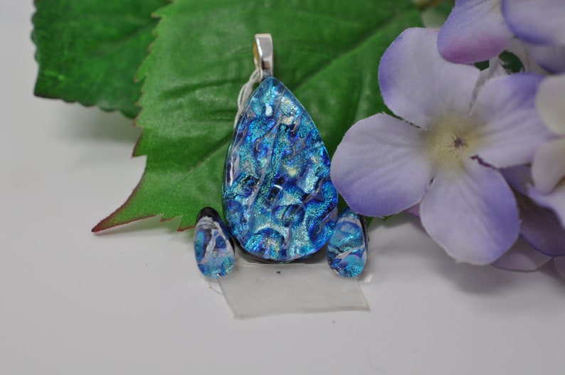 Dichroic Glass Blues Fused Glass pendant and matching earrings
