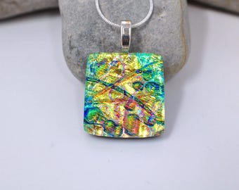 Artisan Multicolor Dichroic Glass Pendant, Fused Glass Pendant, Double Dichroic Glass, Dichroic Glass, Dichroic Glass Pendant, Fused Glass