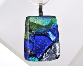 Blue Green Silver Dichroic Glass Pendant, Fused Glass Pendant, Double Dichroic Glass, Dichroic Glass, Dichroic Glass Pendant, Fused Glass