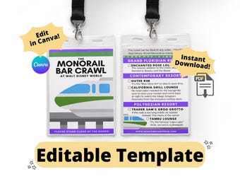 Monorail Resort Bar Crawl Lanyard Insert - Editable Template - Instant Download