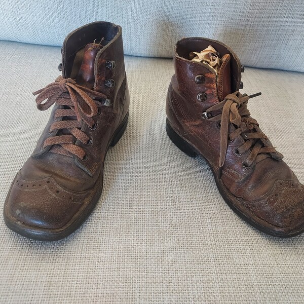 Antique or Vintage Leather Brown Boy's Lace-up Boots 7" Long x 4" Tall