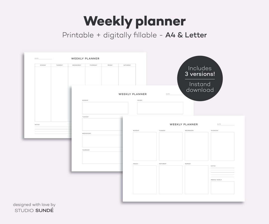 7-day Weekly Planner Printable &amp; Digitally Fillable Undated Weekly ...