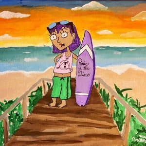 May include: A painting of a cartoon character standing on a wooden boardwalk with a surfboard that says "Panic at the Disco". The character is wearing a pink tank top with a pink triangle and exclamation point, green pants, and purple hair. The background is a beach scene with a blue ocean and orange sky.