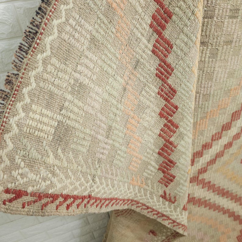 6x8 Vintage geometrisk kelimmatta: Beige röd handvävd ullmatta (6 x 7,5 fot) bild 3