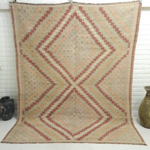 6x8 Vintage geometrisk kelimmatta: Beige röd handvävd ullmatta (6 x 7,5 fot) bild 1