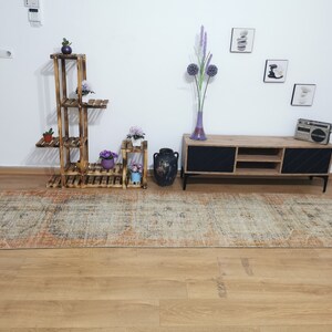 May include: A long, rectangular, multi-colored rug with a faded, vintage look. The rug is on a wooden floor in front of a wooden TV stand with black doors and shelves. There are plants and a vase with purple flowers on a wooden shelf in the background.