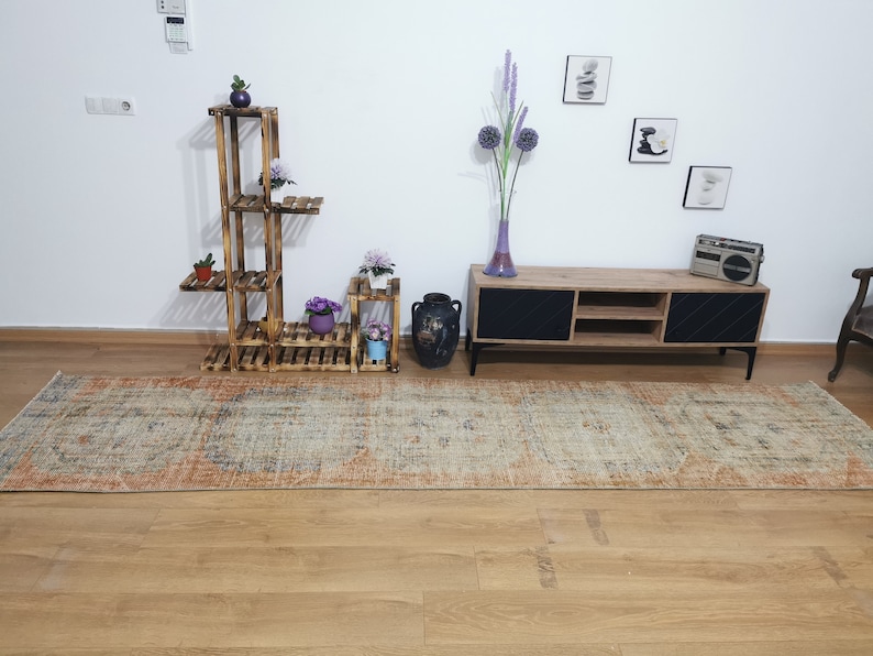 May include: A long, rectangular, multi-colored rug with a faded, vintage look. The rug is on a wooden floor in front of a wooden TV stand with black doors and shelves. There are plants and a vase with purple flowers on a wooden shelf in the background.