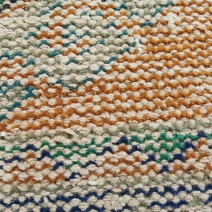 May include: Close-up of a woven rug with a multi-colored pattern. The rug is made of natural fibers and has a textured surface. The colors in the pattern are brown, beige, green, and blue.