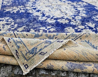 Blue Floral Oushak Rug, 6.8x10.2, Handmade Wool Vintage Rug