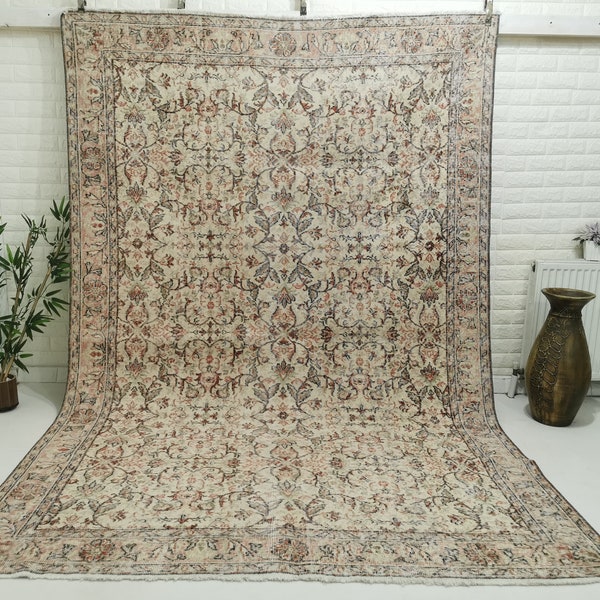 Oushak Rug 6x9, Vintage Turkish Rug, Handknotted Wool Rug, Oriental Rug, Turkish Area Rug, Beige Vintage Rug, 6.3 x 9.5 Feet Rug