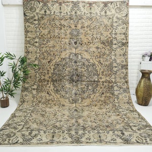 6x9 Vintage Turkish Rug: Brown Neutral Area Rug