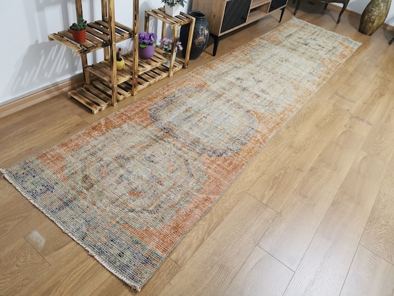 Long Vintage Turkish Runner Rug: Organic Wool Oushak Hallway Rug (2.8x12ft)