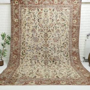 7x9 Rug, Floral Oushak Rug, Boho Rug, Vintage Turkish Rug, Handknotted Wool Rug