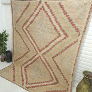 6x8 Vintage geometrisk kelimmatta: Beige röd handvävd ullmatta (6 x 7,5 fot) bild 4