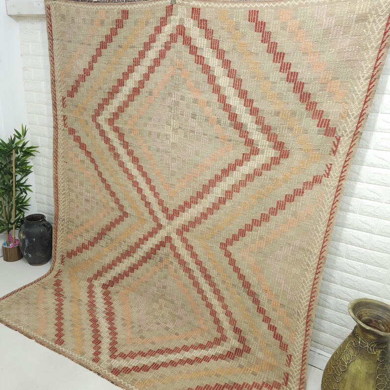 6x8 Vintage geometrisk kelimmatta: Beige röd handvävd ullmatta (6 x 7,5 fot) bild 4