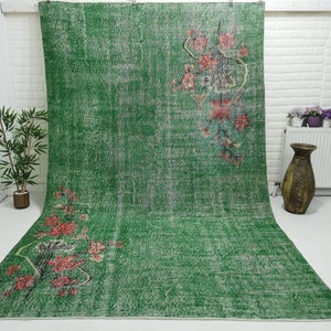 7x10 Green Turkish Rug, Green Vintage Rug, Forest Rug, Kelly Green Rug, Green Wool Rug, Green Oushak Rug, Green Rug, 6.5 x 10.3 Feet