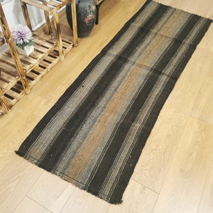 Kilim Runner Rug, Goat Kilim Runner Rug, Striped Runner Rug, Black Runner Rug, Outdoor Runner, Handmade Runner Rug, Geometric Runner Rug