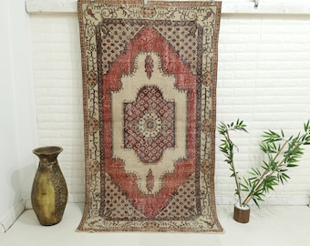 4x7 Vintage Rug, Red Turkish Area Rug, Oushak Rug, Bedroom Rug, Neutral Rug, Entryway Carpet, Medium Wool Anatolian Rug, Boho Rug