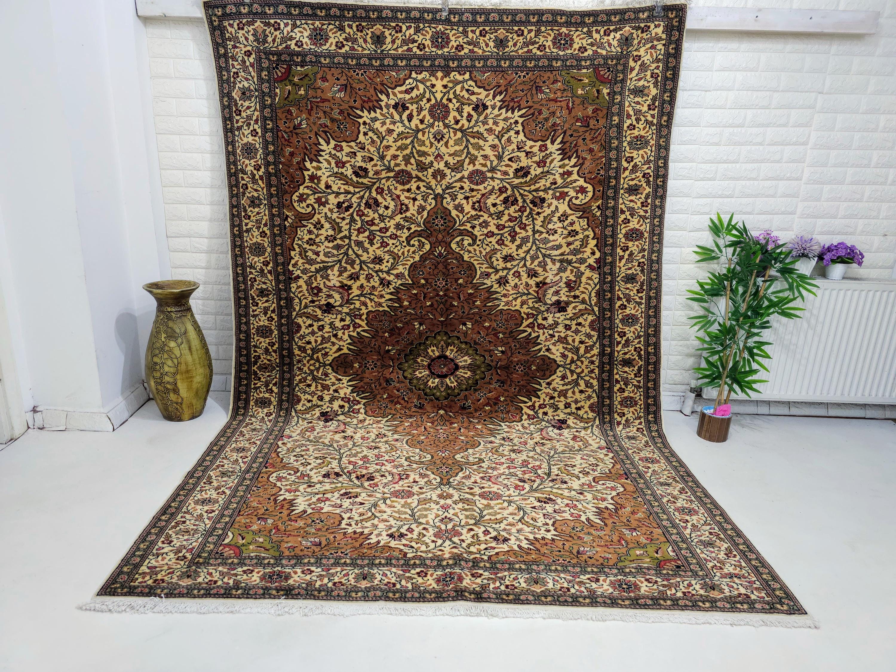 Vintage Persian Rug 7x10 – Hand Knotted Oriental Carpet – Large Area Rug – Wool Persian Rug – Traditional Medallion Design – Living Room Dec