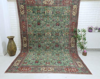 Handwoven Turkish Wool Rug – 6.4x9.3 ft Vintage Green Carpet