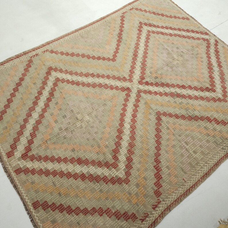 6x8 Vintage geometrisk kelimmatta: Beige röd handvävd ullmatta (6 x 7,5 fot) bild 2