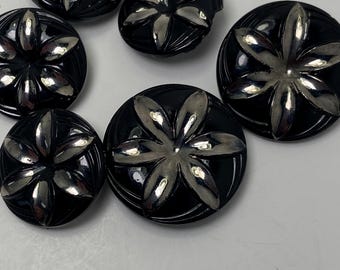 6 vintage black glass buttons, metallic finish,  in good condition.   #303